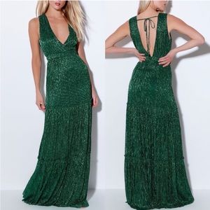 Lulu’s Falling Star Teal Green Shimmer Sleeveless Maxi Dress Sz XS